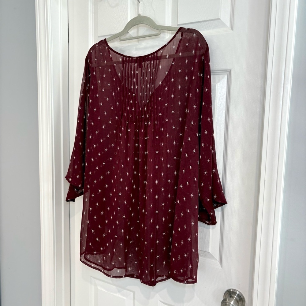 Torrid Pintuck Chiffon Burgundy Dot Star Peasant Sheer Blouse Women Plus Size 4 - Picture 10 of 17